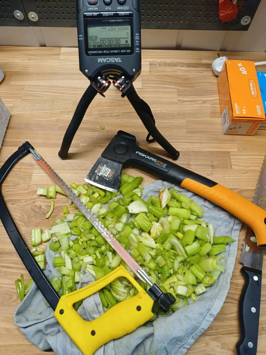 Chopped celery, an axe and a hacksaw on a workbench in front of a recorder